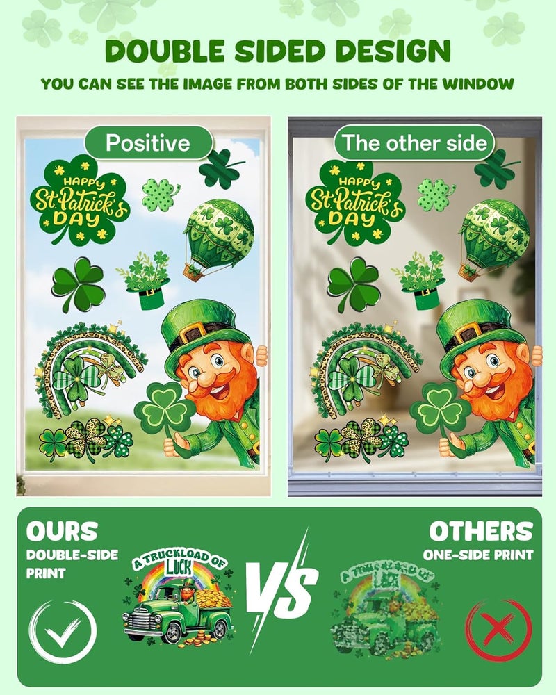 JMHACHY St Patricks Day Window Clings - 9 Sheets 88Pcs Reusable Saint Patricks Day Decorations for Home Office, Shamrock Rainbows Window Stickers for Glass, Double-Sided Large Decals - Image 3